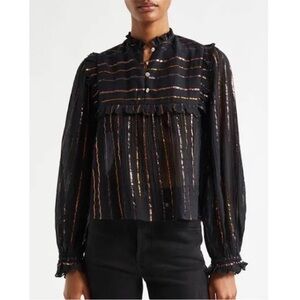 Farm Rio Metallic Stripped Ruffle Shirt Black